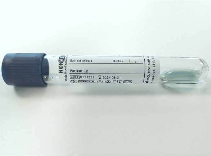 Cell3 Preserver cell-free DNA tube with label laying horizontally on a white surface