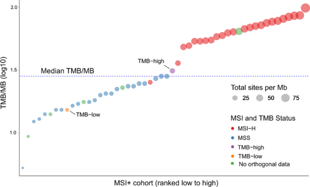 GALEAS™ Tumor TMB scores across 50 CRC samples compared with MSI